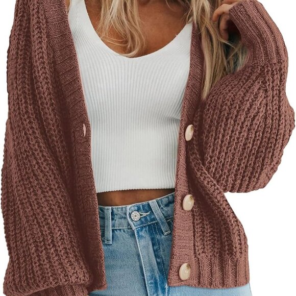 Women's Chunky Knit Open Front Sweater Long Sleeve Button Loose Short Cardigan O - Picture 1 of 7